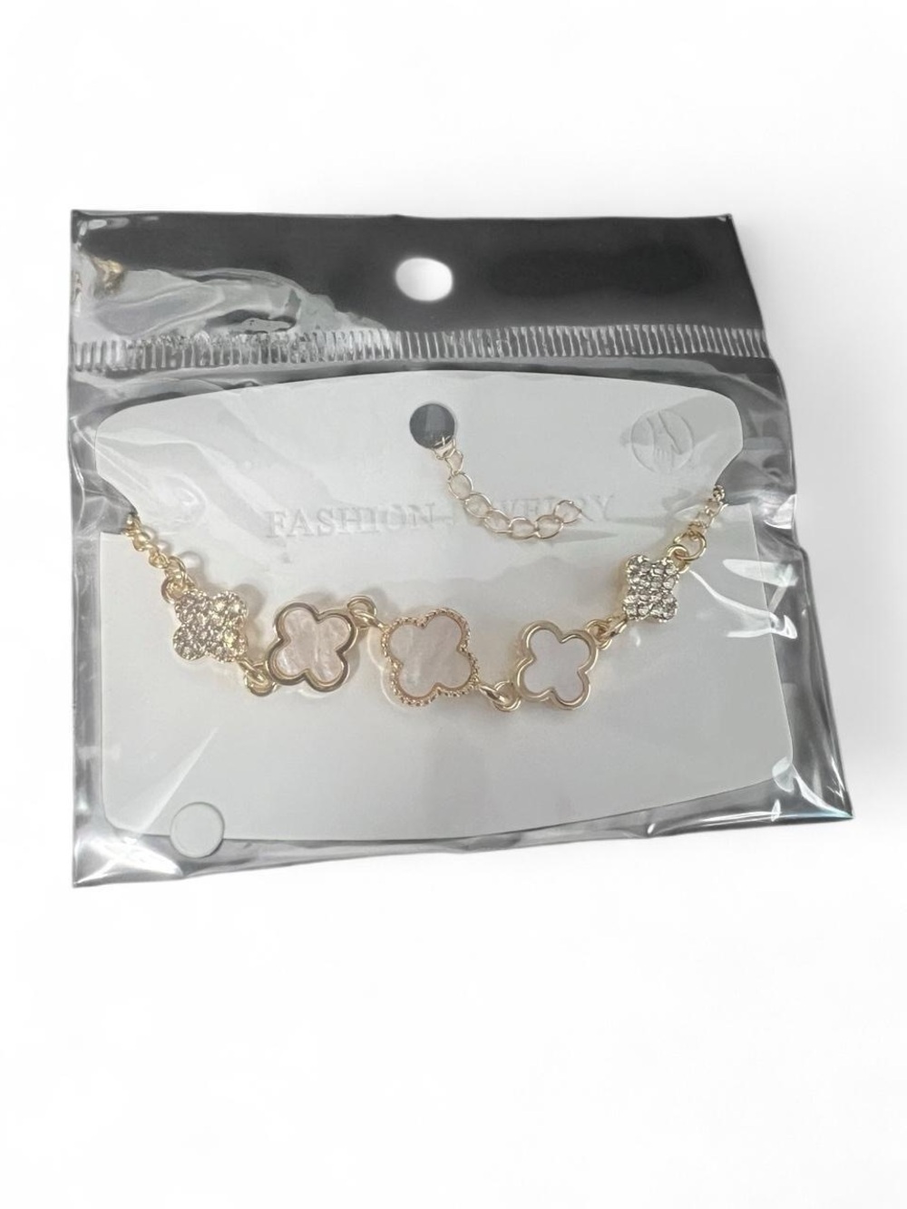 Gold Clover Link Bracelet with White Inlay - Fashion Jewelry
